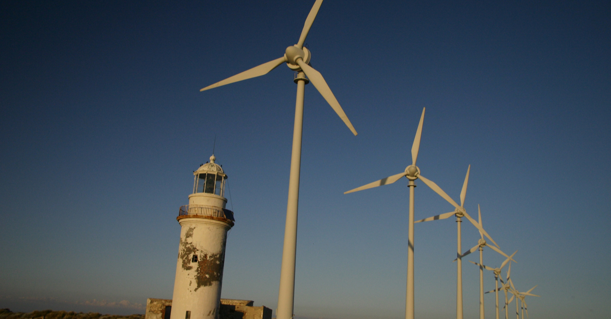 Wind turbines and a lighthouse